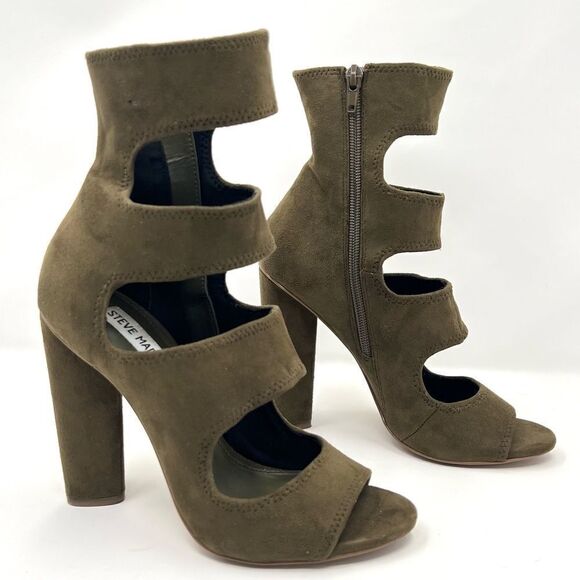 Steve Madden Tawnie Olive Microfiber Suede Cut Out Caged High Heel Sandals 7.5 - Picture 1 of 13